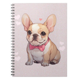 Caderno Espiral Cachorro francês bonito com gravata rosa