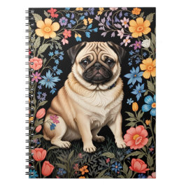 Caderno Espiral Cachorro Pug Fofo Elegante Floral Colorido