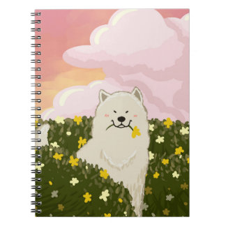 Caderno Espiral Cachorro Samoyed Fofo em Campo de Flores Amarelas 