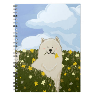 Caderno Espiral Cachorro Samoyed Fofo em Campo de Flores Amarelas 