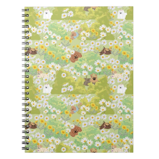 Caderno Espiral Cachorros Fofos Com Flores de Margarida Padrão Sem (Frente)