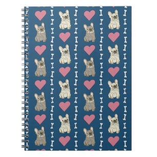 Caderno Espiral Cachorros fofos, Frenchie, corações e ossos