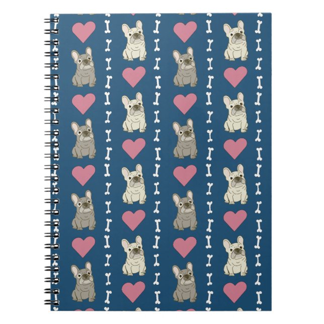 Caderno Espiral Cachorros fofos, Frenchie, corações e ossos (Frente)