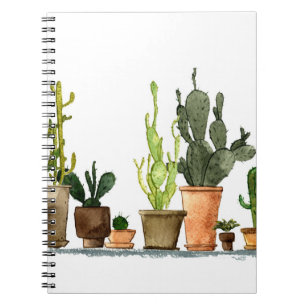Caderno Espiral Cacto de aquarela verde desenhado à mão em casta