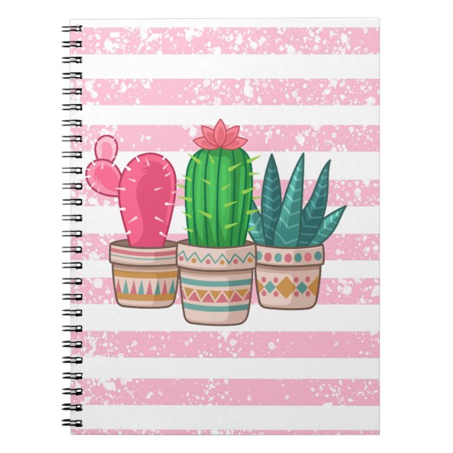 Caderno Espiral cacto desenhado à mão com fundo de faixas (Frente)