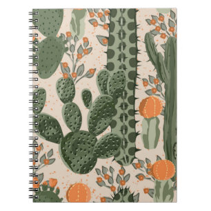 Caderno Espiral Cacto suculento verde-safra e flores de laranja