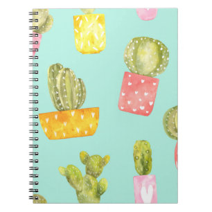 Caderno Espiral Cactos picantes em potes, padrão de aquarela.