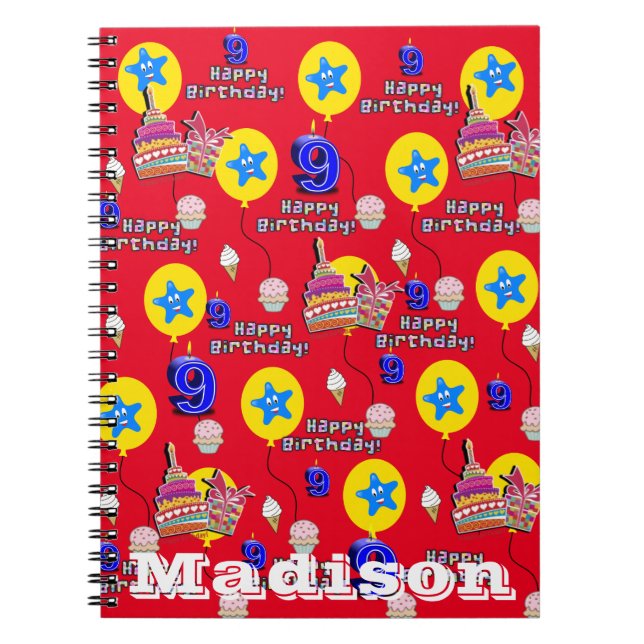 Caderno Espiral Caderno, #9 Feliz Aniversário de 9 anos Notas Verm (Frente)