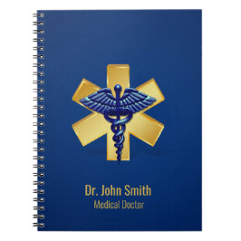 Caderno Espiral Caduceu Cruz Dourada Médica 3D Azul