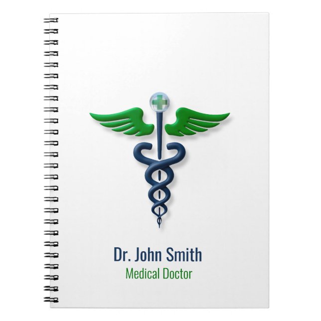 Caderno Espiral Caduceu Elegante Símbolo Médico Asas Verde Cruz Az (Frente)