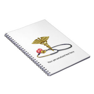 Caderno Espiral Caduceu Médico Dourado & Estetoscópio com Coração