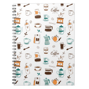 Caderno Espiral Café desenhado à mão e padrão de café