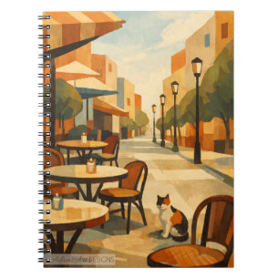 Caderno Espiral Café Ensolarado na Rua com Gato Tricolor