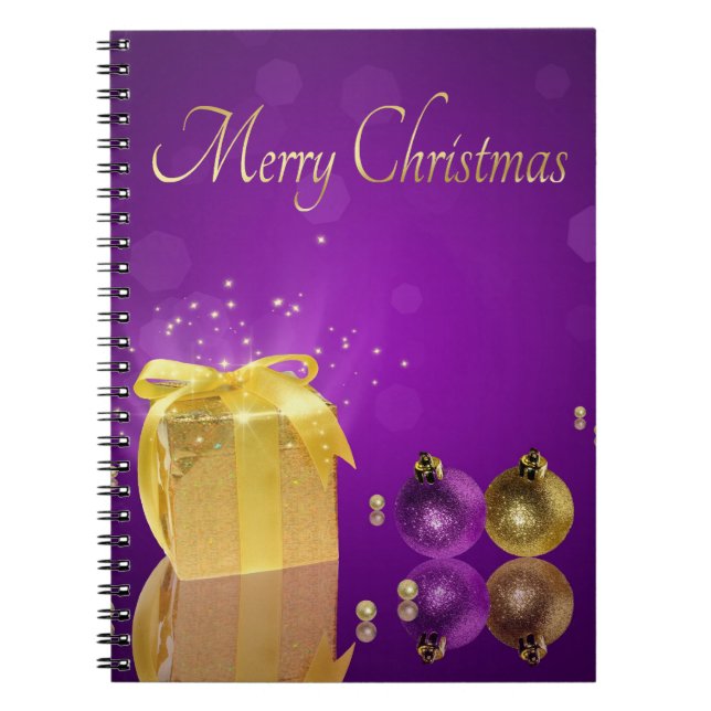 Caderno Espiral Caixa de presente de Natal dourada em Lavanda Roxa (Frente)