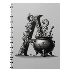 Caderno Espiral Caldeirão de Bruxa Letra Inicial A Grimoire Mágico