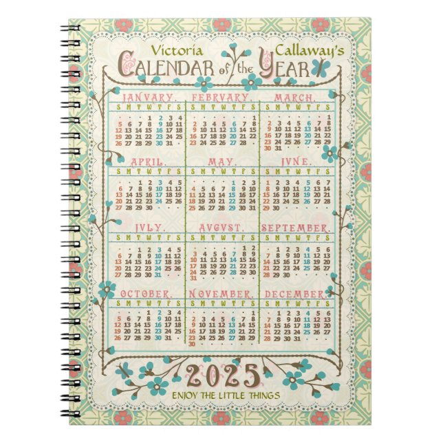 Caderno Espiral Calendário 2025 Art Nouveau Vitoriano | Personaliz (Frente)