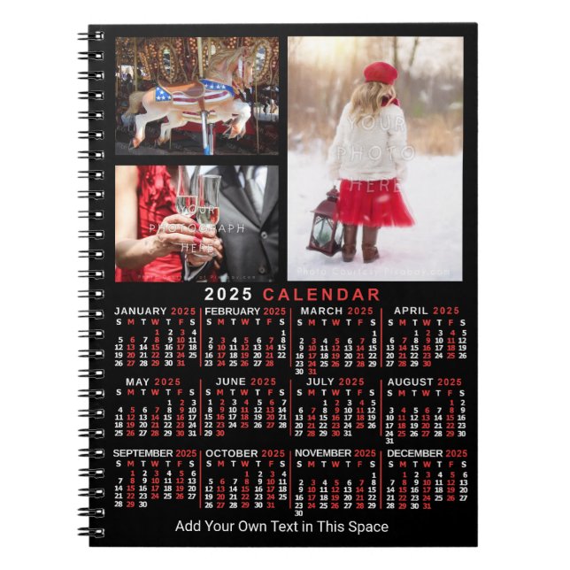 Caderno Espiral Calendário Mensal Ano 2025 Preto Personalizado 3 F (Frente)