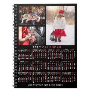 Caderno Espiral Calendário Mensal do Ano 2027 Preto Personalizado