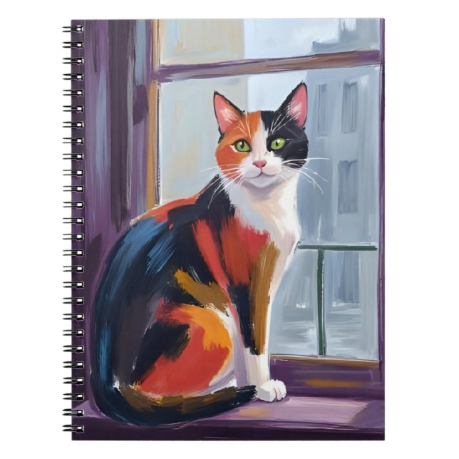 Caderno Espiral Calico Cat | Watercolor Windowsill Pet (Frente)
