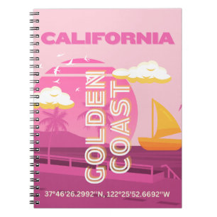 Caderno Espiral Califórnia, Arte de Viagem, Preppy, Rosa