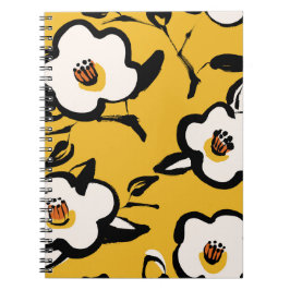 Caderno Espiral Camellia amarela, vintage floral.