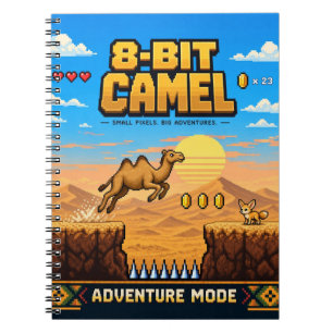 Caderno Espiral Camelo, Arte Pixel 8-Bit Retro