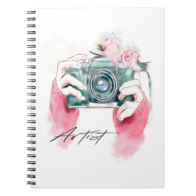 Caderno Espiral Câmera Aquarela Com Notebook Rosa (Frente)