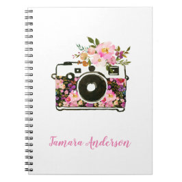 Caderno Espiral Câmera floral na moda Dourado do rosa moderno do
