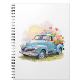 Caderno Espiral Caminhão Azul Antigo com Ovos de Páscoa & Tulipas