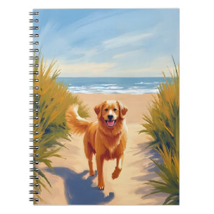 Caderno Espiral Caminho da Praia do Golden Retriever   Cão do Ocea