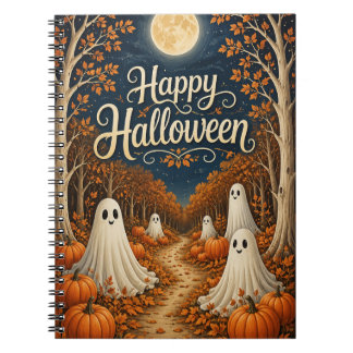 Caderno Espiral Caminho de Abóbora Iluminado pela Lua no Halloween