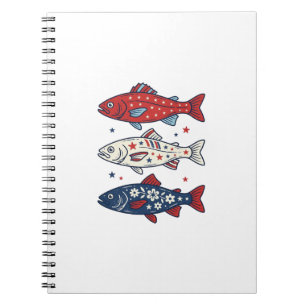 Caderno Espiral Camisa de Desenho de Três Peixes Vintage Patriótic