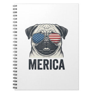 Caderno Espiral Camisa de Gravura Vintage Patriótica Pug Merica De