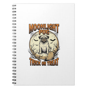 Caderno Espiral Camisa de Halloween de Pug com Lua de Gravura Vint