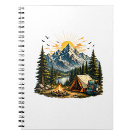 Caderno Espiral Camiseta Montanha Acampamento Aventura Pôr do Sol 