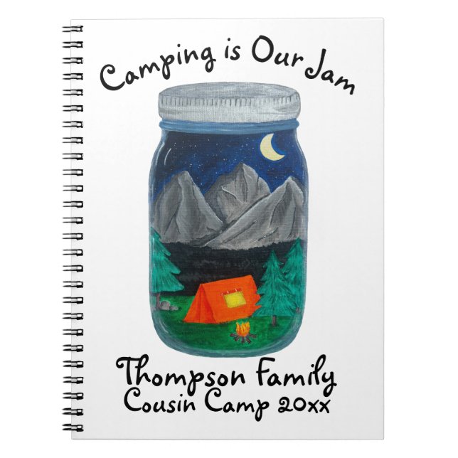 Caderno Espiral Camping is Our Jam Tent and Mountains in Jar (Frente)