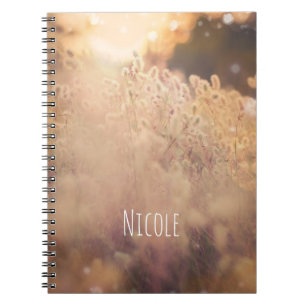 Caderno Espiral Campo de Flores Rústico País Pôr do Sol Crepúsculo