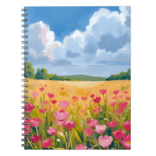 Caderno Espiral Campo Floral de Flores Silvestres Rosa em Aquarela