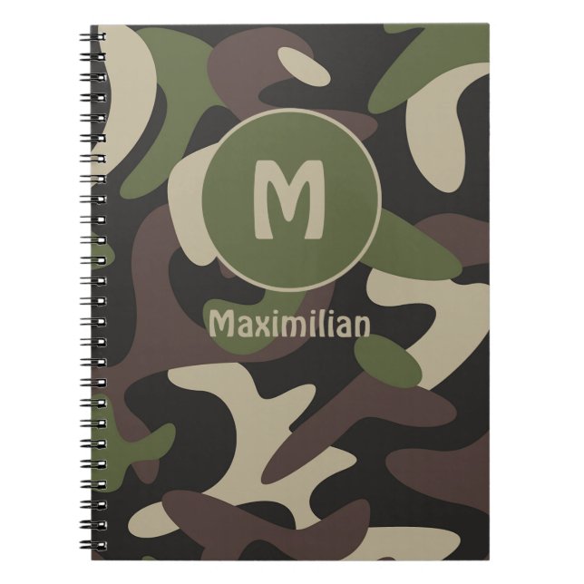 Caderno Espiral Camuflagem Militar Padrão Verde Castanho Monograma (Frente)