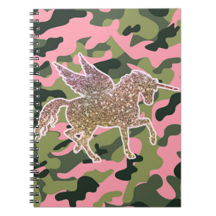Caderno Espiral Camuflagem Rosa Verde Camo e Unicórnio com Brilho