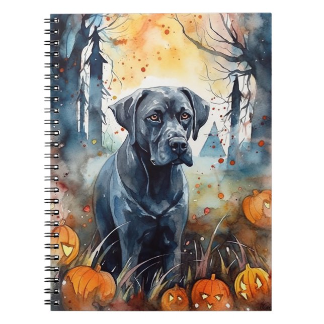 Caderno Espiral Cane Corso de Halloween com Abóboras Assustadoras (Frente)