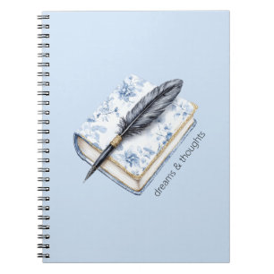 Caderno Espiral Caneta de Pena Floral Azul Bonita