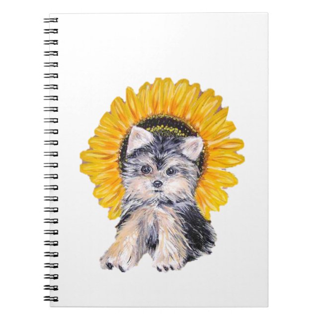 Caderno Espiral Cãozinho bonito de Yorkshire e arte de girassol (Frente)