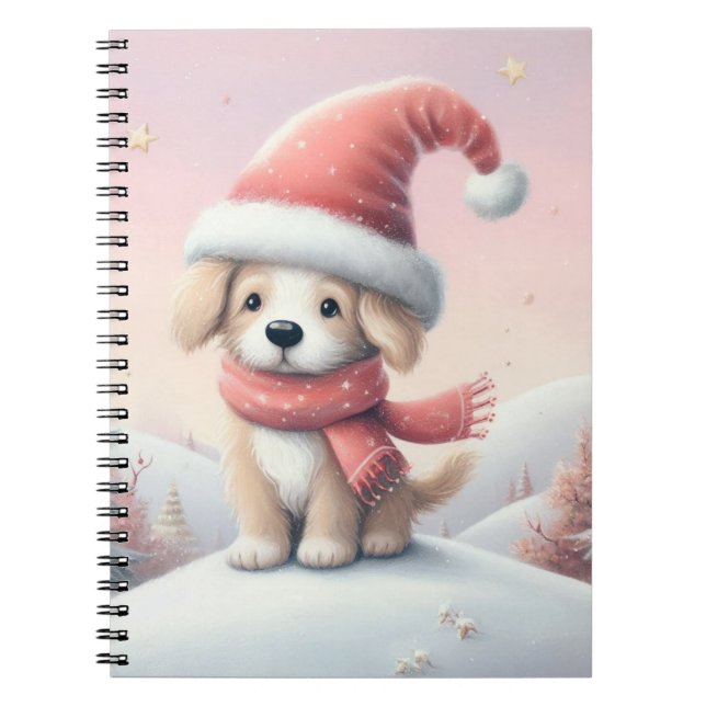 Caderno Espiral Cãozinho de Natal bonito com chapéu de Santa (Frente)