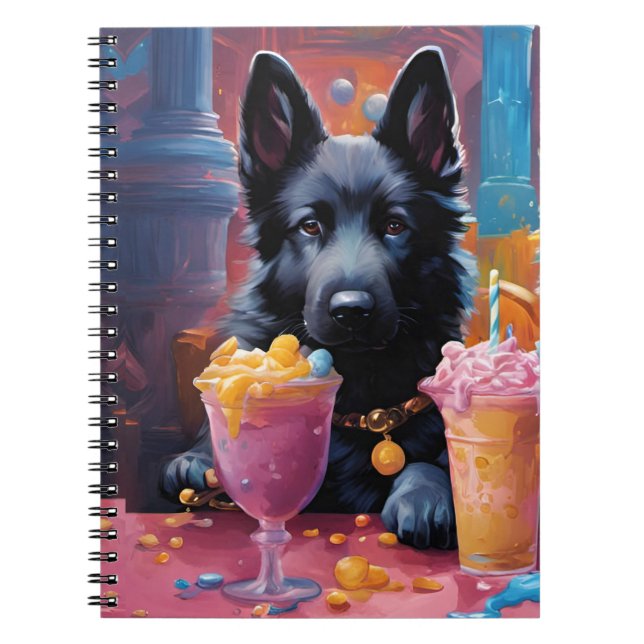 Caderno Espiral Cãozinho German shepherd preto, sorvete (Frente)