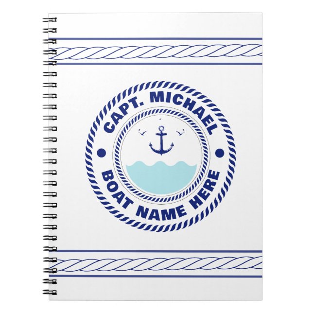 Caderno Espiral Capitão Capitão Anchor Náutico Nome do Barco (Frente)