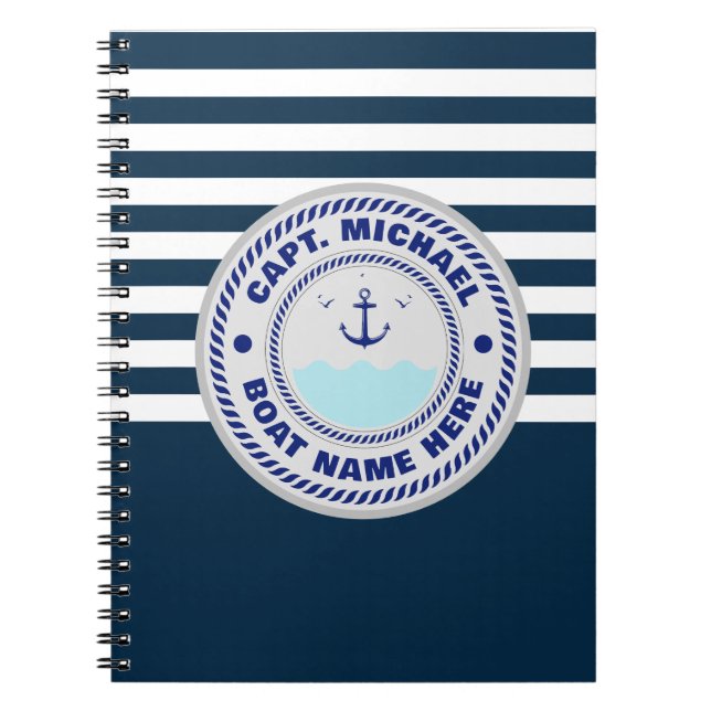 Caderno Espiral Capitão Capitão Anchor Náutico Nome do Barco (Frente)