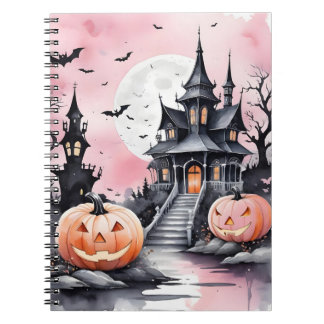 Caderno Espiral Caprichoso Abóbora Rosa de Halloween e Mansão Assu