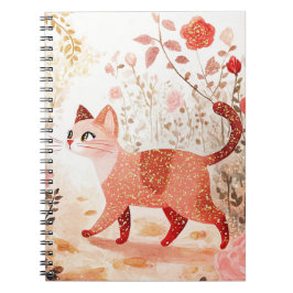 Caderno Espiral Caprichoso. Gato em um jardim de rosas.