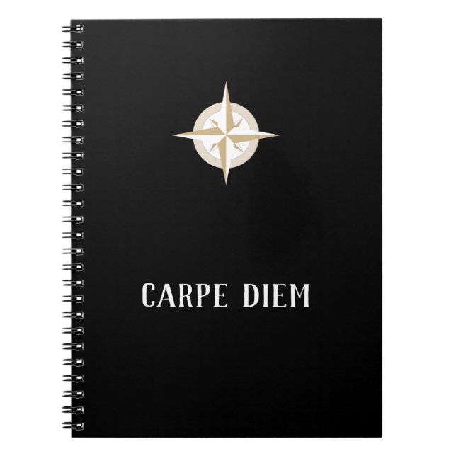 Caderno Espiral Carpe Diem a Preto com Dourado Compass Branco (Frente)
